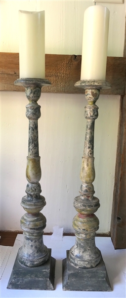 Pair of Rustic Turned Wood Pillar Candle Stands with Battery Operated Candles - Hand Painted Rustic Finish - Each Stand Measures 28" Tall 