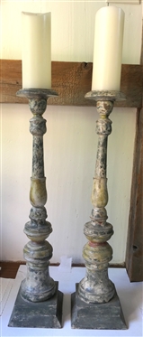 Pair of Rustic Turned Wood Pillar Candle Stands with Battery Operated Candles - Hand Painted Rustic Finish - Each Stand Measures 28" Tall 