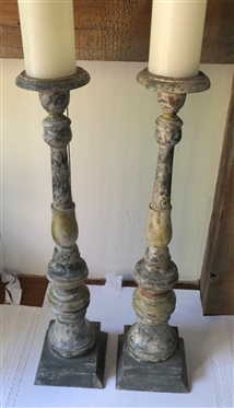 Pair of Rustic Turned Wood Pillar Candle Stands with Battery Operated Candles - Hand Painted Rustic Finish - Each Stand Measures 28 Tall 