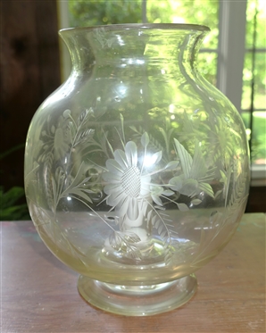 Hand Blown Glass Hurricane with Etched / Cut  Birds and Flowers  - Candle Hurricane Measures 12" Tall 8" Across