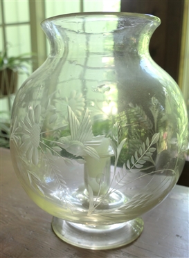 Hand Blown Glass Hurricane with Etched / Cut  Birds and Flowers  - Candle Hurricane Measures 12 Tall 8 Across