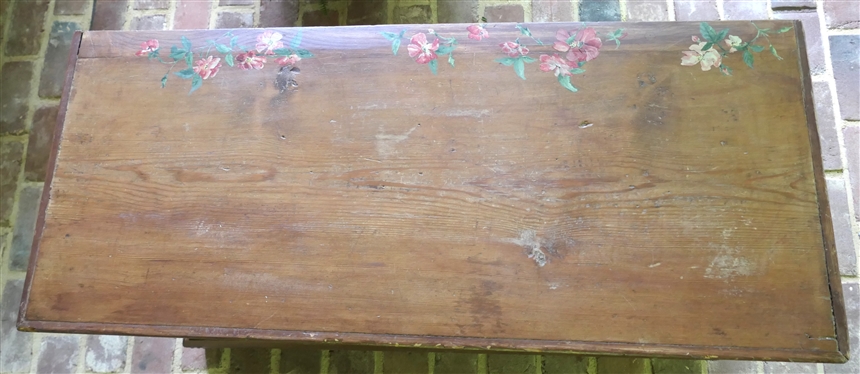 Pine Blanket Box / Chest with Hand Painted Pink Flowers - Pegged Construction - Dough Board Top - Chest Measures 24 Tall 42 By 18