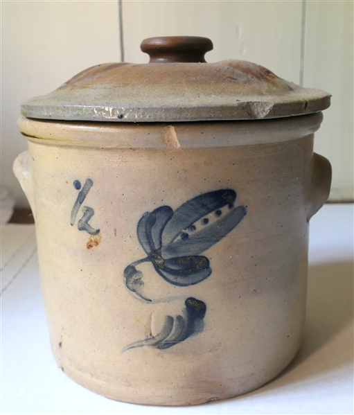 1/2 Gallon Northern Stone Crock with Accompanying Lid - 1/2 Gallon Crock with Blue Flower - Small Chip on Top Rim - and Stone Lid with Raised Leaves - Some Small Chips on Underside 