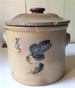 1/2 Gallon Northern Stone Crock with Accompanying Lid - 1/2 Gallon Crock with Blue Flower - Small Chip on Top Rim - and Stone Lid with Raised Leaves - Some Small Chips on Underside 