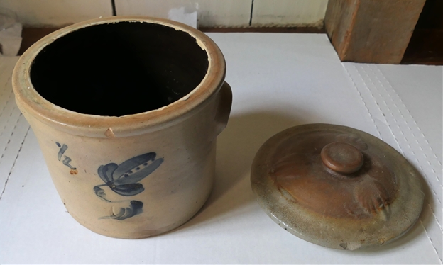 1/2 Gallon Northern Stone Crock with Accompanying Lid - 1/2 Gallon Crock with Blue Flower - Small Chip on Top Rim - and Stone Lid with Raised Leaves - Some Small Chips on Underside 