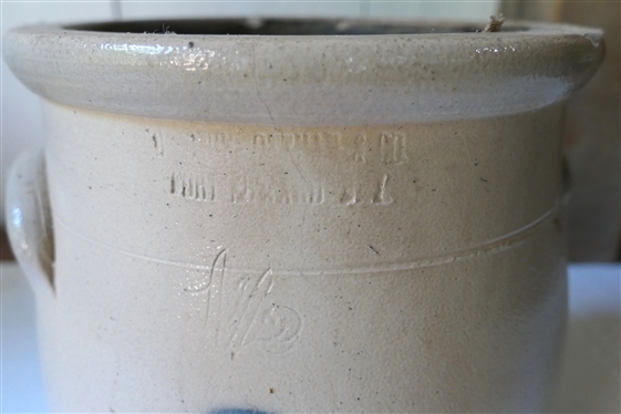 New York Blue Decorated 1 1/2 Gallon Crock - Stamped Makers Mark Near Top - Blue Decoration on Front - Measures 9 Tall Crock Has Hairline Crack 