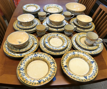 50 Pieces of   Vietri  Dinnerware - Made in Italy - Yellow Background with Blue Decoration Soup / Pasta Bowls  - Soup Bowls Each Measures 10 1/2 Across - 2 Have Chips, Some Pieces Have Minor Paint...