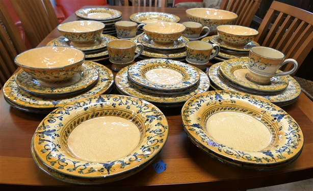 50 Pieces of   Vietri  Dinnerware - Made in Italy - Yellow Background with Blue Decoration Soup / Pasta Bowls  - Soup Bowls Each Measures 10 1/2 Across - 2 Have Chips, Some Pieces Have Minor Paint...