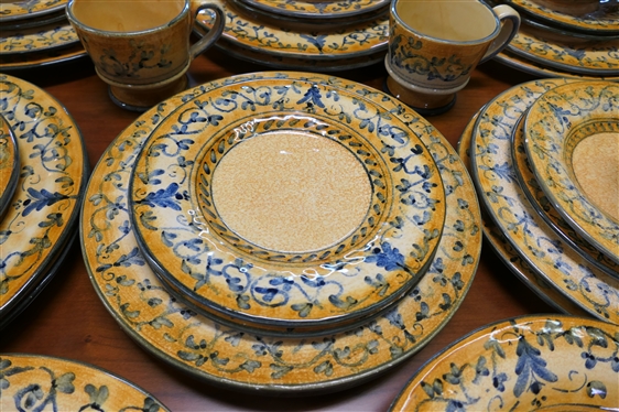 50 Pieces of   Vietri  Dinnerware - Made in Italy - Yellow Background with Blue Decoration Soup / Pasta Bowls  - Soup Bowls Each Measures 10 1/2 Across - 2 Have Chips, Some Pieces Have Minor Paint...