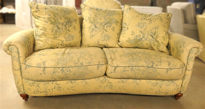 Lee Industries Handcrafted Sofa - Made in North Carolina - Upholstered in Ralph Lauren Brianna Floral Blue Fabric - Custom Made with Curved Back and Front  - Down Seat Cushions and Back Pillows -...