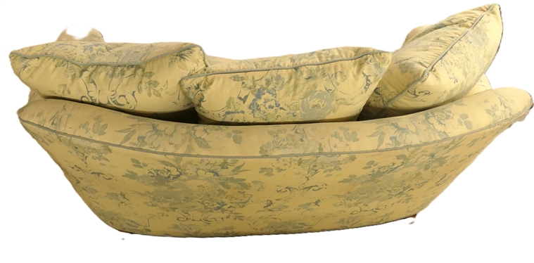 Lee Industries Handcrafted Sofa - Made in North Carolina - Upholstered in Ralph Lauren Brianna Floral Blue Fabric - Custom Made with Curved Back and Front  - Down Seat Cushions and Back Pillows -...