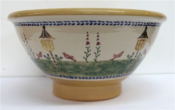 Large Nicholas Mosse Hand Crafted Pottery Mixing Bowl - Made in Ireland - Birds, Bird Houses, and Flowers - Bowl is 13 Across