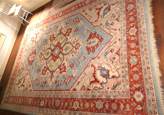 Hand Knotted Wool Serapi Pattern Rug - Rust, Coral, Tan, and Blue - Clean - Rug Measures 150 By 109 