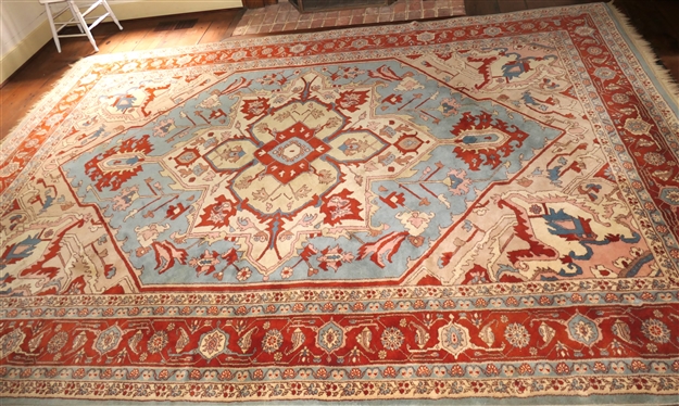 Hand Knotted Wool Serapi Pattern Rug - Rust, Coral, Tan, and Blue - Clean - Rug Measures 150 By 109 