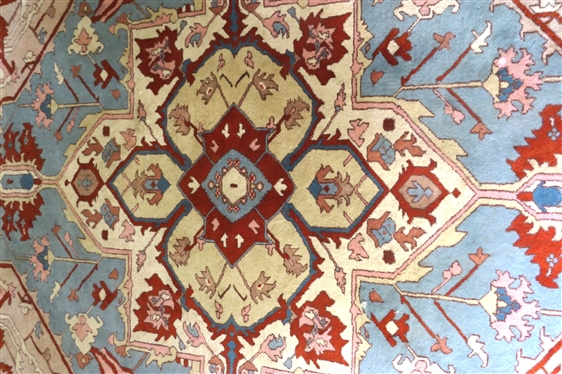 Hand Knotted Wool Serapi Pattern Rug - Rust, Coral, Tan, and Blue - Clean - Rug Measures 150 By 109 