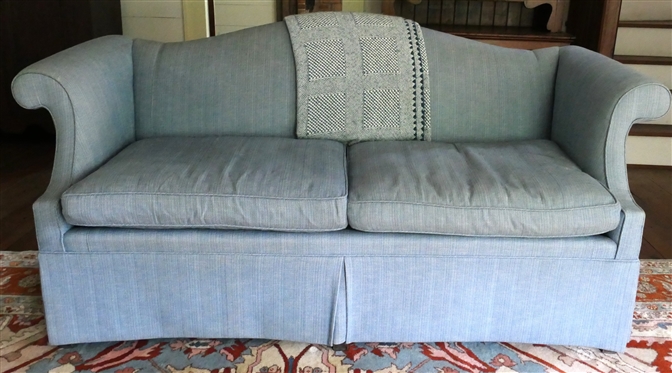 Nice Custom Upholstered Blue Love Seat Sofa - Accent Upholstery - Durham, NC - Blue Skirted Sofa with Nice Coordinating Throw - Couch is 72 Long