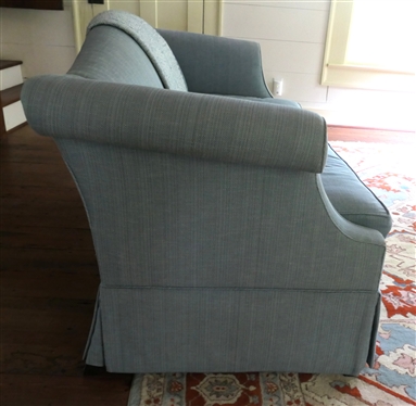 Nice Custom Upholstered Blue Love Seat Sofa - Accent Upholstery - Durham, NC - Blue Skirted Sofa with Nice Coordinating Throw - Couch is 72 Long