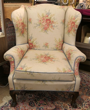 Ball and Claw Foot Wing Back Chair Upholstered in Ice Ralph Lauren Fabric - - Blue Piping Trim - Very Clean 