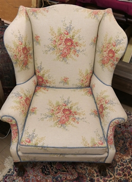 Ball and Claw Foot Wing Back Chair Upholstered in Ice Ralph Lauren Fabric - - Blue Piping Trim - Very Clean 