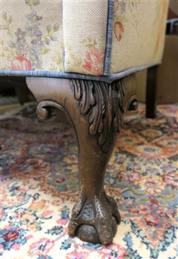 Ball and Claw Foot Wing Back Chair Upholstered in Ice Ralph Lauren Fabric - - Blue Piping Trim - Very Clean 