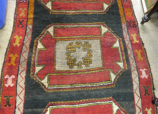 Hand Knotted Oriental Rug - Signed in Weave Feiside Abi Aydey Sultan - Red, Black, and Beige - Needs Cleaning Rug is 130 By 54