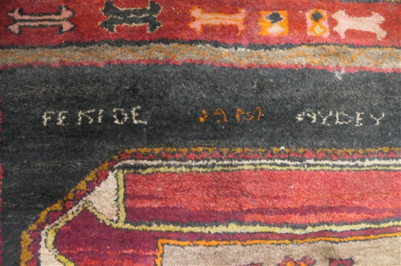 Hand Knotted Oriental Rug - Signed in Weave Feiside Abi Aydey Sultan - Red, Black, and Beige - Needs Cleaning Rug is 130 By 54