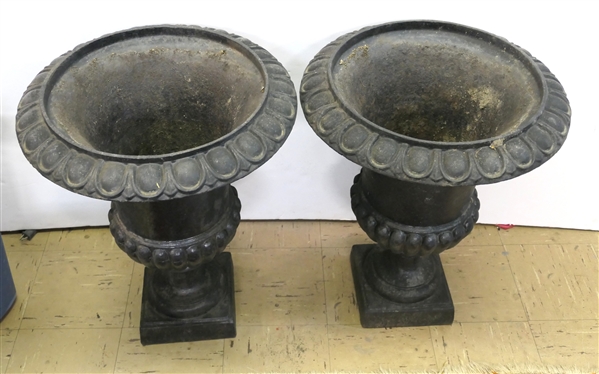 Pair of Fine Cast Iron Garden Urns - 1 Piece Urns - Each Urn  Planter  is  24 Tall 19 Across