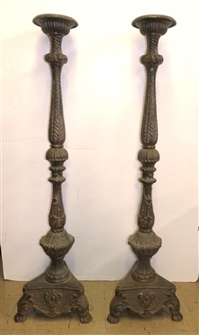 Pair of Awesome Cast Iron Garden Candle Stands - Pillar Candle Holders - Heavy Ornate Colum Style Stands with Triangular Bases - Ornate Leaves, Wreathes, and Flowers - Each Weighs More Than 70 Lbs....