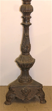 Pair of Awesome Cast Iron Garden Candle Stands - Pillar Candle Holders - Heavy Ornate Colum Style Stands with Triangular Bases - Ornate Leaves, Wreathes, and Flowers - Each Weighs More Than 70 Lbs....