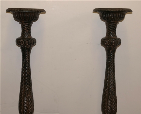 Pair of Awesome Cast Iron Garden Candle Stands - Pillar Candle Holders - Heavy Ornate Colum Style Stands with Triangular Bases - Ornate Leaves, Wreathes, and Flowers - Each Weighs More Than 70 Lbs....