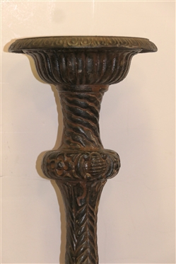 Pair of Awesome Cast Iron Garden Candle Stands - Pillar Candle Holders - Heavy Ornate Colum Style Stands with Triangular Bases - Ornate Leaves, Wreathes, and Flowers - Each Weighs More Than 70 Lbs....