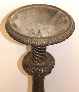 Pair of Awesome Cast Iron Garden Candle Stands - Pillar Candle Holders - Heavy Ornate Colum Style Stands with Triangular Bases - Ornate Leaves, Wreathes, and Flowers - Each Weighs More Than 70 Lbs....
