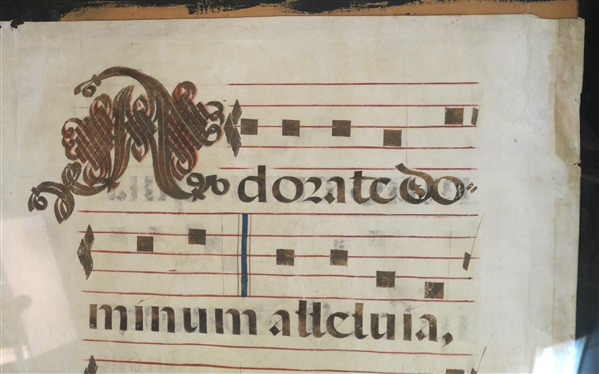 16th Century Georgian / Antiphonal Chant on Vellum - Written in Latin - Circa 1525 - 1575 - Hand Drawn / Painted on Vellum (Animal Skin) - Vellum Measures 33 by 23 - in Glass Frame 
