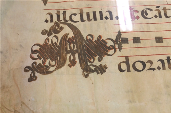 16th Century Georgian / Antiphonal Chant on Vellum - Written in Latin - Circa 1525 - 1575 - Hand Drawn / Painted on Vellum (Animal Skin) - Vellum Measures 33 by 23 - in Glass Frame 