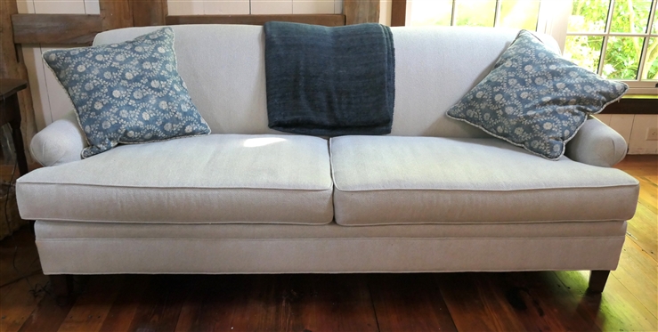 Maiden Home - North Carolina Custom Furniture Sofa - Light Blue Herringbone Upholstery - with Navy Chenelle Throw and Down Throw Pillows - Sofa is 81 Long
