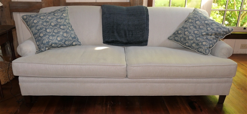 Maiden Home - North Carolina Custom Furniture Sofa - Light Blue Herringbone Upholstery - with Navy Chenelle Throw and Down Throw Pillows - Sofa is 81 Long