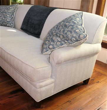 Maiden Home - North Carolina Custom Furniture Sofa - Light Blue Herringbone Upholstery - with Navy Chenelle Throw and Down Throw Pillows - Sofa is 81 Long