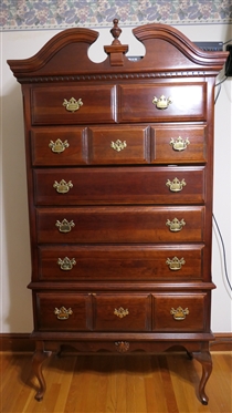 Athen Furniture Mahogany Finish High Chest - Broken Arch Pediment - Dentil Molding Queen Anne Style Legs -  6 Drawers - Chest Measures 80 Tall 