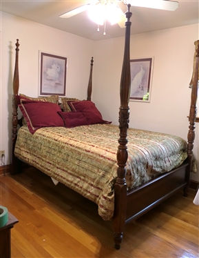 Athen Furniture Mahogany Finish Queen Size Rice Carved Poster Bed with Nice Biltmore Home Bedding - Comforter and Shams 
