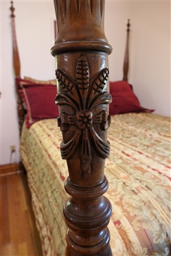 Athen Furniture Mahogany Finish Queen Size Rice Carved Poster Bed with Nice Biltmore Home Bedding - Comforter and Shams 