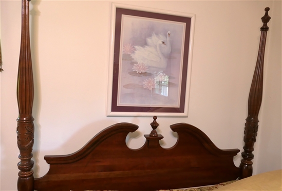 Athen Furniture Mahogany Finish Queen Size Rice Carved Poster Bed with Nice Biltmore Home Bedding - Comforter and Shams 