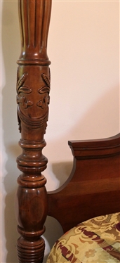 Athen Furniture Mahogany Finish Queen Size Rice Carved Poster Bed with Nice Biltmore Home Bedding - Comforter and Shams 
