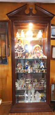 Mahogany Finish Lighted Display Cabinet - Broken Arch Pediment - Dentil Molding - Roman Key Details Front and Top Moldings Beveled Glass Front- 2 Glass Doors on Each Side - Mirrored Back - Cabinet...