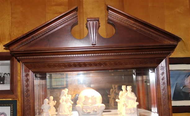 Mahogany Finish Lighted Display Cabinet - Broken Arch Pediment - Dentil Molding - Roman Key Details Front and Top Moldings Beveled Glass Front- 2 Glass Doors on Each Side - Mirrored Back - Cabinet...