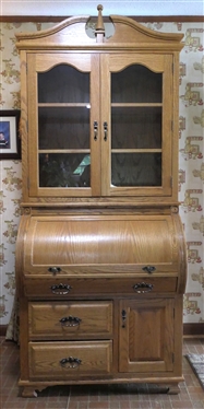 Contemporary Oak C Roll - Bookcase Secretary Desk  - Broken Arch Pediment - Book / Display Case Top with Arched Glass Doors - Adjustable Shelves - C Roll Top Desk with Divided Compartments...
