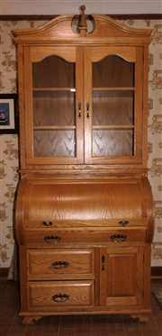Contemporary Oak C Roll - Bookcase Secretary Desk  - Broken Arch Pediment - Book / Display Case Top with Arched Glass Doors - Adjustable Shelves - C Roll Top Desk with Divided Compartments...