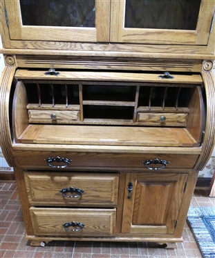 Contemporary Oak C Roll - Bookcase Secretary Desk  - Broken Arch Pediment - Book / Display Case Top with Arched Glass Doors - Adjustable Shelves - C Roll Top Desk with Divided Compartments...