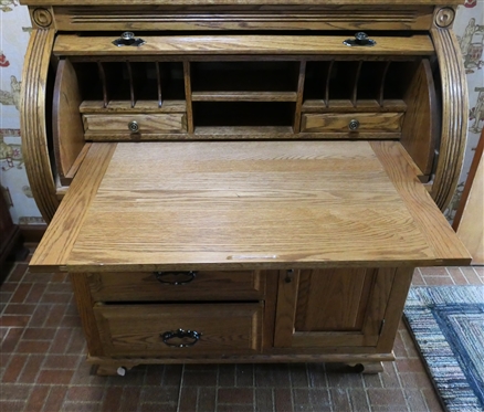Contemporary Oak C Roll - Bookcase Secretary Desk  - Broken Arch Pediment - Book / Display Case Top with Arched Glass Doors - Adjustable Shelves - C Roll Top Desk with Divided Compartments...