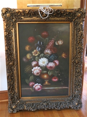 Large Urn of Flowers Print on Board in Elaborate Ornate Gold Frame with Attached Art Light - Frame Measures 49 By 37 