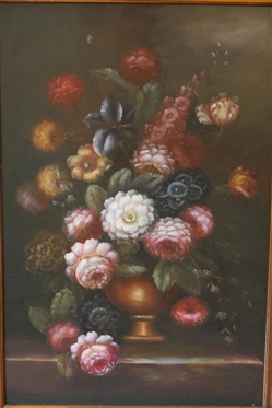 Large Urn of Flowers Print on Board in Elaborate Ornate Gold Frame with Attached Art Light - Frame Measures 49 By 37 